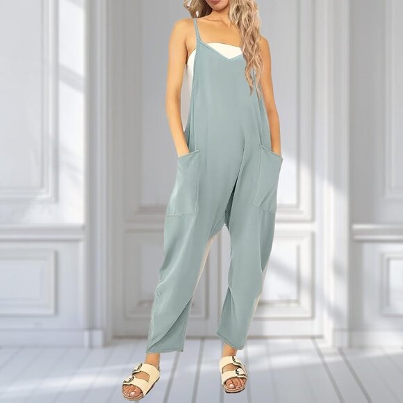 Women Green V Neck Sleeveless Jumpsuit Spaghetti Straps Harem Long Pants Overall - Picture 4 of 6